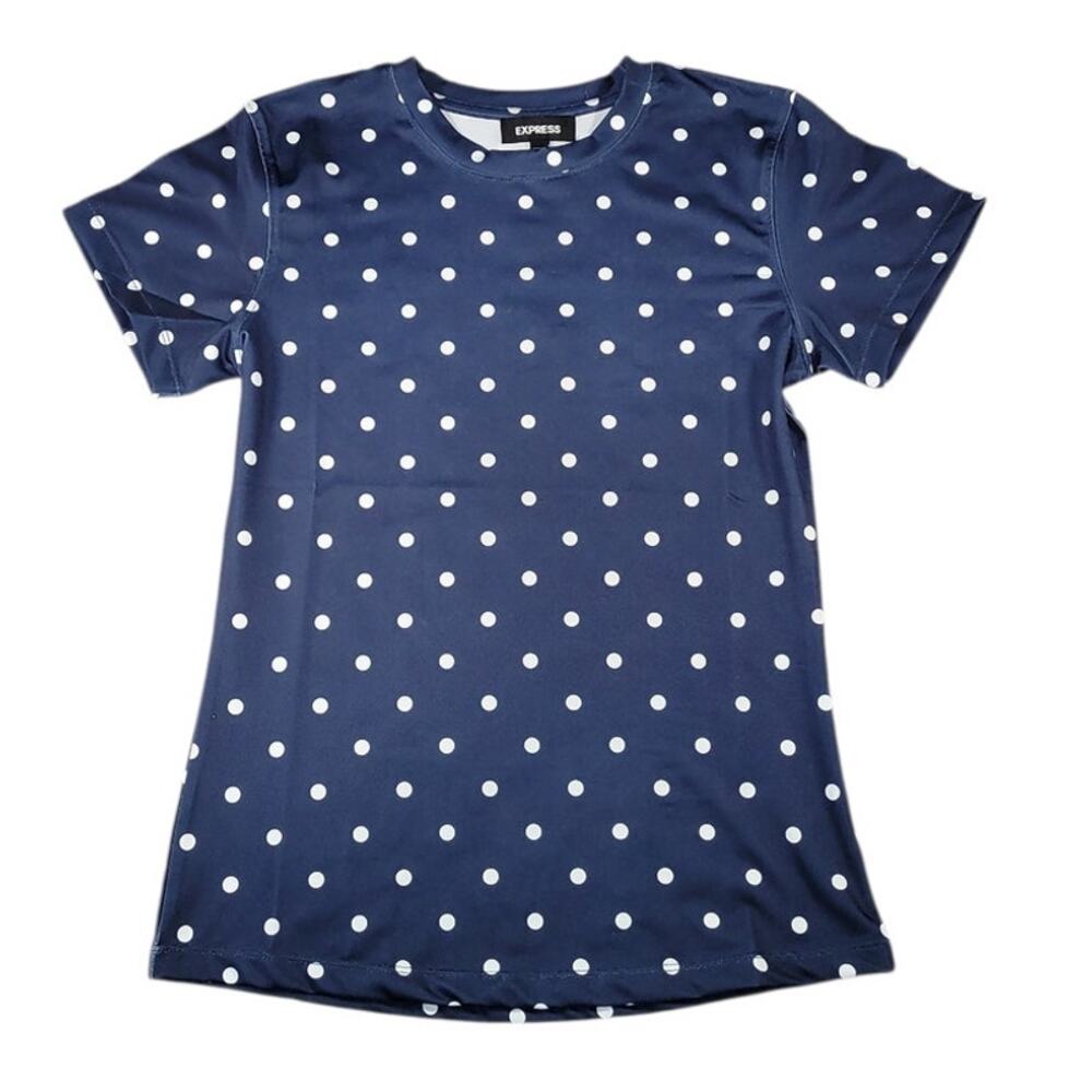 NWT Express Luxe Tee XS Blue Polka Dot Satin Office Chic Minimalist